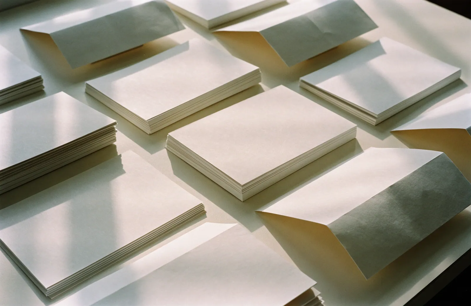 Printed material laid out on a table.